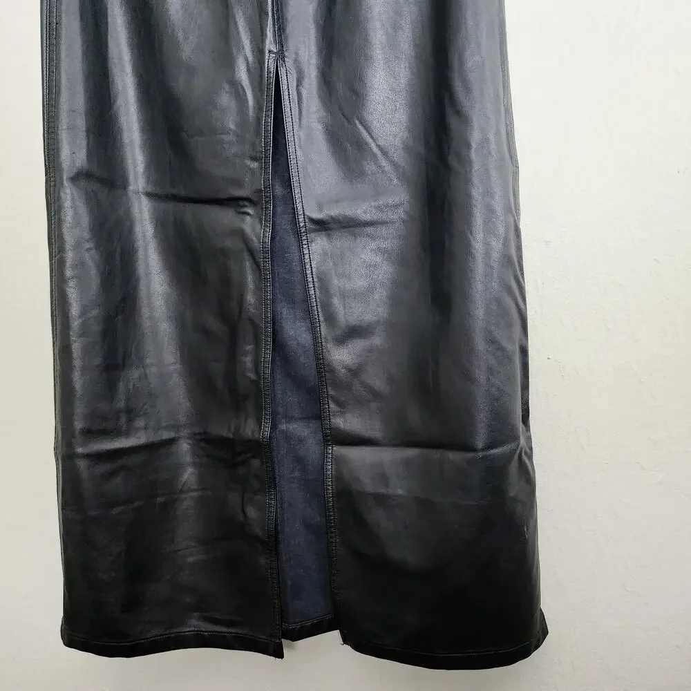 Free People City Slicker Faux Leather Maxi Skirt Black Vegan Moto Long 0 NWOT